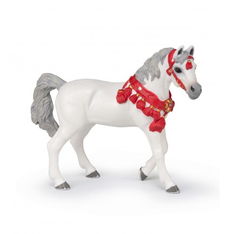 White Arabian horse in parade dress