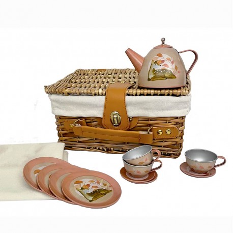 Tin Tea Set Fawn in a Wicker Basket